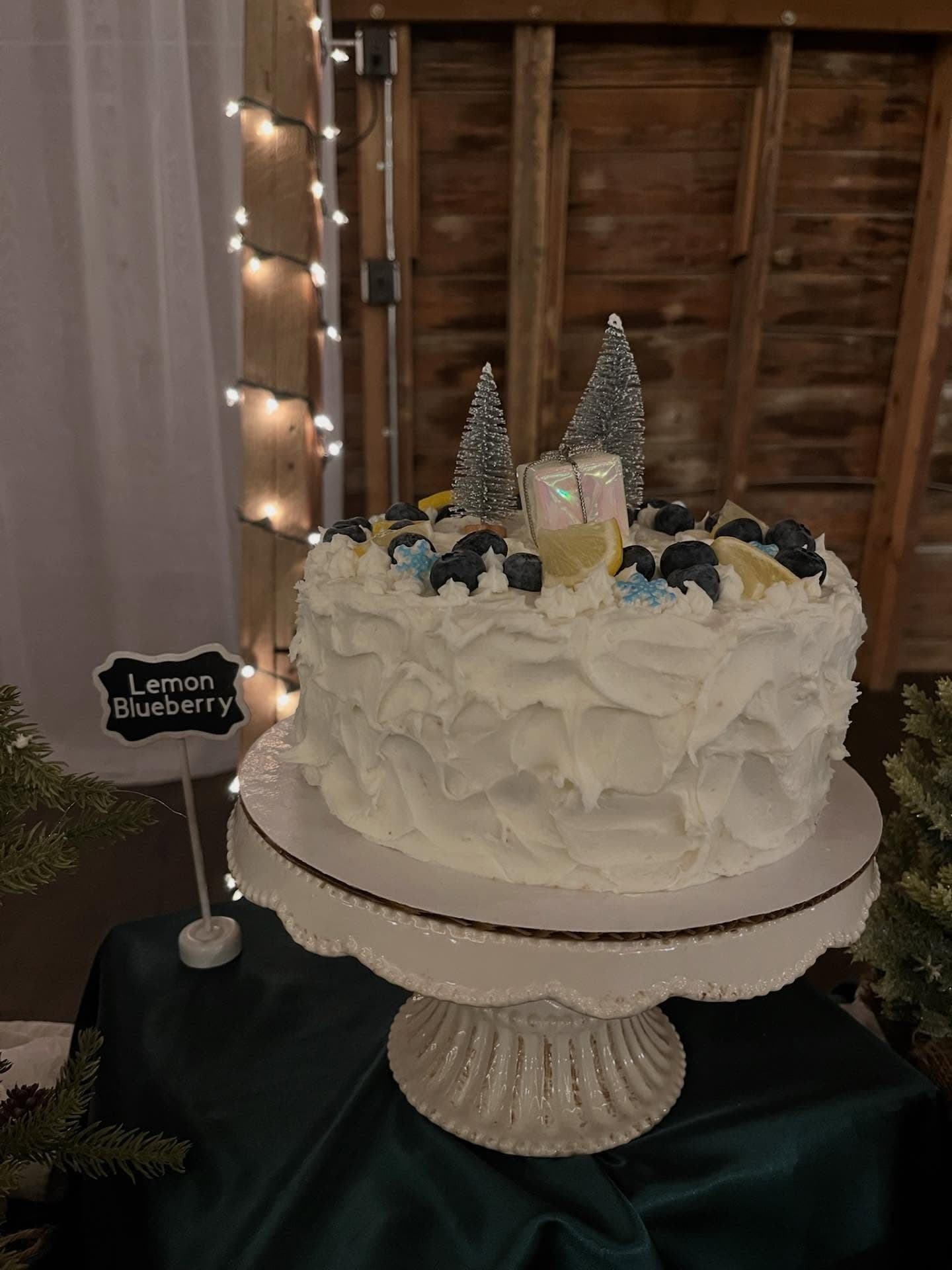 Lemon blueberry cake on a pedestal